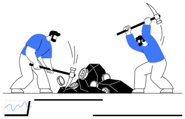 Kazma ve balyoz kullanarak taşlardan kripto para çıkarmaya çalışan iki adam. Grafik veri ya da engelleme aktivitesi öneriyor. Finans, teknoloji, engelleme zinciri, takım çalışması ve yatırım için ideal