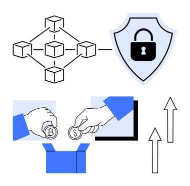 Engelleme düğümleri bağlandı, güvenlik için kalkanlar kilitlendi, şifreli paraların el değiştirmesi, tasarruf için kutu, büyüme için yukarı doğru oklar. Finans, engelleme zinciri, kripto para birimi ve dijital güvenlik için ideal