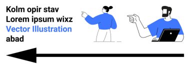 Profesyonel takım çalışması, dizüstü bilgisayar kullanan bir adam, ileri doğru hareket eden başka bir kişi ve cesur bir ok. Rehberlik, takım çalışması, eğitim, navigasyon, strateji, yenilik ve temiz bir daire için ideal