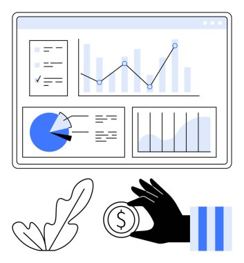 Çubuk grafikler, pasta grafikleri ve analizleri gösteren dijital gösterge paneli. El ele tutuşmak yatırımı simgeler. Finans, analitik, yatırım, ekonomi stratejisi iş büyümesi için idealdir. Düz