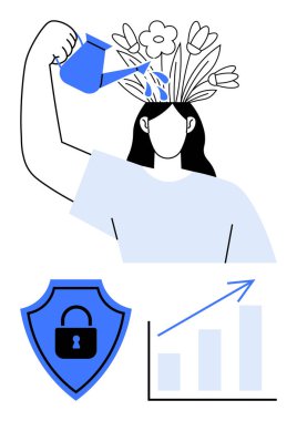 Kafasından kalkan ve grafik büyümesi, güvenlik ve yaratıcılık ile büyüyen bitkileri sulayan kadın. Kişisel gelişim, kişisel bakım, güvenlik, eğitim, zihinsel sağlık, büyüme zihniyeti için ideal