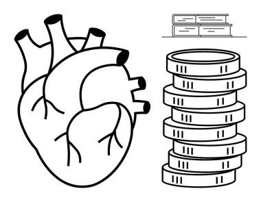 Madeni para yığınının yanında anatomik kalp ve tıp sağlığı, finansal istikrar ve bilgi büyümesini sembolize eden kitaplar. Finans, sağlık, eğitim, denge ve strateji için ideal