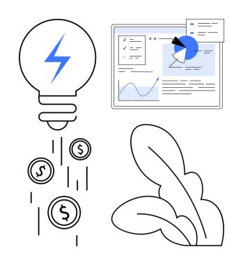 Yıldırımlı ampul, bozuk paraların düşmesi, grafik ve pasta grafikli veri paneli ve soyut bitki. Yenilik için ideal, enerji verimliliği, finans, veri, sürdürülebilirlik işi basit