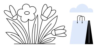 Çiçekler çiçek açıyor, alışveriş çantasının yanına sade bir bulut altında. Sürdürülebilirlik, alışveriş, çevre dostu yaşam tarzı, çevre, minimalizm, tüketici alışkanlıkları, düz basit