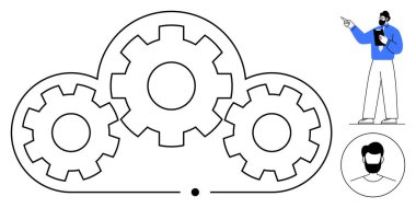 Bulut ana hatları birbirine kenetlenmiş üç vites ile dolu. Adam panoyla fikir sunuyor. Teknoloji, bulut hizmetleri, takım çalışması, üretkenlik, yenilik, kalkınma için ideal