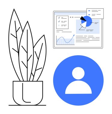 Saksıda bitki taslağı, çizelgeli analiz paneli, mavi kullanıcı profili çemberi. Asgari markalaşma, eko-ticaret, veri arayüzü, çevrimiçi kimlik, UIUX tasarımı, basit iniş sayfası takım çalışması için ideal