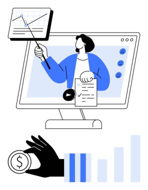 Bilgisayar ekranındaki sunum sırasında mali büyümeyi vurgulayan grafiğe işaret eden kişi. El ele tutuşan madeni para, bar grafiği para büyümesini ön plana çıkarır. Finans, eğitim ve internet ağı için ideal