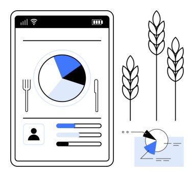 Akıllı telefon ekranında yiyecek takibi için pasta grafiği ve ilerleme çubukları tarımı ve sağlığı sembolize eden buğday sapları. Beslenme, gıda uygulamaları, fitness, diyet izleme, tarım çalışmaları için ideal