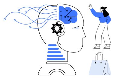 Nöro ağlı robot kafa ve veri hatları yayan dişli elementler. Yakınlarda, alışveriş torbaları yanında yatarken bir kadın el kol hareketi yapıyor. Teknoloji, yapay zeka, yenilik ve tüketici davranışı için ideal.