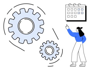 Kadın, iş akışını ve verimliliği simgeleyen hareket eden büyük viteslerin yanındaki takvime doğru hareket eder. Planlama, strateji, iş akışı, zaman yönetimi, organizasyon, takım çalışması, üretkenlik için ideal