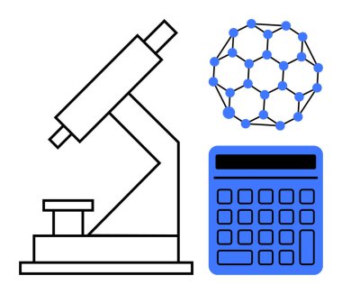 Büyütme odaklı mikroskop, kimyayı sembolize eden moleküler yapı, matematiksel analiz için hesap makinesi. Bilim, eğitim, araştırma, teknoloji, STEM, yenilik analizleri için ideal