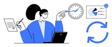 Belge, saat ve çizelge, zaman yönetimi, finansal planlama ve optimizasyon gibi görevleri yürüten iş kadını. Üretkenlik, planlama, finansman stratejisi iş akışı için ideal