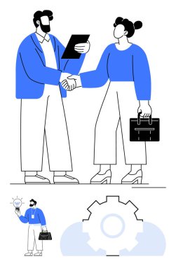 İş ortaklığı anlamına gelen tokalaşma, erkek sözleşmesi, evrak çantalı kadın. İşbirliği için vites simgesi, yaratıcılık için ampul. Takım çalışması, yenilik ve ortaklık için ideal