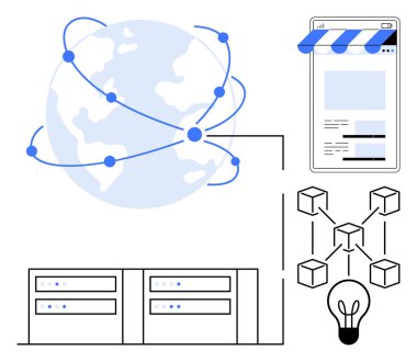 Bağlantı düğümlerine, veri sunucularına, blok zinciri simgelerine, ampullere ve mobil ekrana sahip bir gezegen. Çevrimiçi teknoloji, yenilik, ağ oluşturma, dijital dönüşüm İnternet veri depolama için ideal