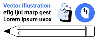 Yaratıcılığı vurgulayan kalem, ticareti simgeleyen alışveriş torbaları, büyümeyi ve fikirleri sembolize eden ok. Eğitim, iş, pazarlama, perakende, beyin fırtınası, çevrimiçi kurslar için ideal