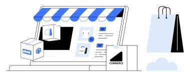 Mağaza vitrinli dizüstü bilgisayar, ürün simgeleri, paketler ve dijital ticareti temsil eden alışveriş torbaları. E-ticaret, çevrimiçi dükkanlar, pazarlama, teslimatlar, satış perakende satışı için ideal basit metafor