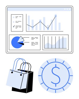 Analitik gösterge paneli grafikleri, pasta grafikleri, finansal veri alışveriş torbası ve e-ticaret büyümesini, gelir ve pazarlama stratejilerini temsil eden dolar sikkelerini gösteriyor. İş, finans ve satış için ideal