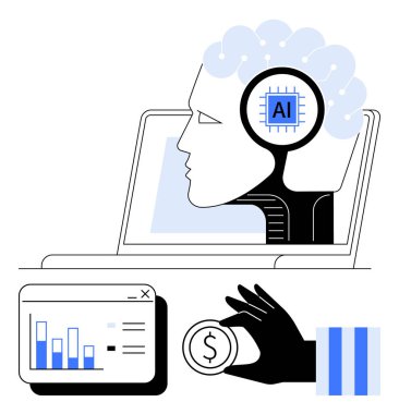 Dizüstü bilgisayarında devre beyni olan insan-başparmaklı yapay zeka teknolojik yeniliğin altını çiziyor. Madeni para sergisi finansmanıyla birlikte tablo ve el. Teknoloji, yapay zeka, araştırma, veri analizi, ekonomi, yaratıcılık, düz