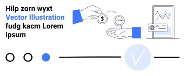 El değiştirme jetonları, akıllı telefonlar finansal grafikler ve işaretli seçim çemberleri. Finansal teknoloji, kripto para birimi, iş stratejisi, yatırım, dijital için ideal
