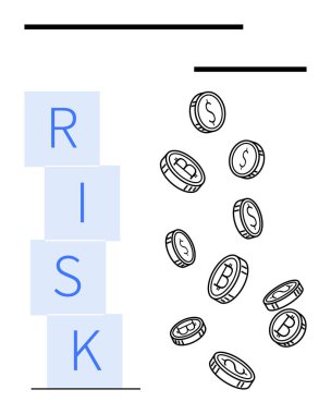RİSK etiketli bloklar, para birimi sembollü düşen paraların yanı sıra mali belirsizlik, yatırım ve kumarı temsil ediyor. Ekonomi, risk yönetimi, karar verme ve finans için ideal