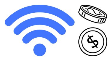 Mavi kablosuz sinyal simgesi basitleştirilmiş madeni para elemanları ile eşleştirildi, dijital ekonomiyi ve kablosuz finansmanı sembolize ediyor. Teknoloji, fintech, e-ticaret, yenilik, internet erişimi, dijital için ideal