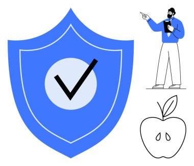 Güvenliği simgeleyen işaretli büyük mavi bir kalkan elinde tablet ve işaret eden bir öğretmen ve basit bir elma ikonu. Eğitim, sağlık, sağlık, güven, güvenlik ve öğrenim onayı için ideal