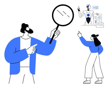 İki profesyonel, biri büyüteç tutuyor, yapay zeka teknolojisi ve veri raporlarını analiz ediyor ve tartışıyor. Takım çalışması, veri bilimi, yapay zeka yeniliği, karar verme, eğitim, araştırma dairesi için ideal