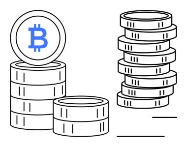İçinde Bitcoin işareti, şifreleme konsepti, dijital ödeme, engelleme zinciri, finans ve zenginlik olan madeni para yığınları. Fintech, yatırım, ekonomi tasarrufu için ideal online bankacılık engelleme dairesi