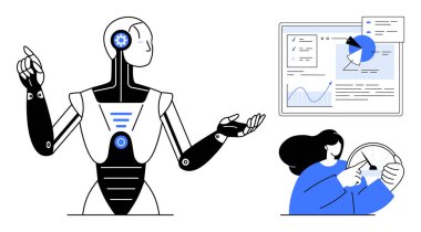 Bir kadın ekrandaki görselleri düzeltirken robot analitiğe doğru hareket ediyor. Yapay zeka entegrasyonu, takım çalışması, teknoloji, yenilik, otomasyon, iş analizi, basit iniş sayfası için ideal