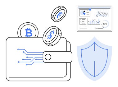 Şifreli bozuk paralarla dijital cüzdan, istatistiklerle veri analiz paneli ve korunmayı temsil eden kalkan ikonu. Fintech, kripto para birimi, engelleme zinciri, güvenlik, veri analizi için ideal