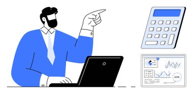 Bilgisayarda çalışan adam hesap makinesi ve veri tablosuyla mali raporlara bakıyor. Finans, muhasebe, strateji, yönetim, analitik, planlama, yatırım için ideal. Düz basit metafor