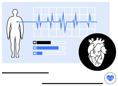 Vücut siluetine, bar çizelgesine ve kalp anatomisine bağlı bir ızgara üzerinde EKG hattı. Sağlık, kardiyoloji, tıbbi teşhis, sağlık ve anatomi teknolojisi için ideal. Düz basit