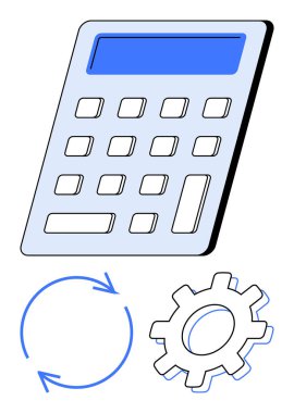 Verimliliği, otomasyonu, finansal verimliliği ve teknik süreçleri gösteren hesap makinesi, dişli ve dairesel oklar. İş, muhasebe, yenilikçi teknik süreç akış yönetimi için ideal