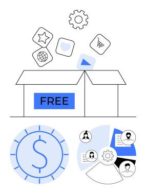 Uygulamalar ve araçlarla etiketlenmiş açık kutu, dolar parası, kullanıcı profili simgeleri, dişliler ve veri tabloları. İş, pazarlama, tanıtım, kullanıcı deneyimi, kamu hizmeti modelleri için ideal