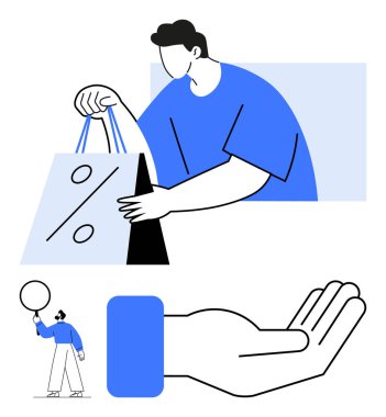 İndirimle işaretlenmiş alışveriş çantası taşıyan bir adam yardım ya da sunumu simgeleyen açık bir el ve balonu tutan küçük bir figür. Alışveriş, indirim, perakende, cömertlik, teklifler, ticaret için ideal