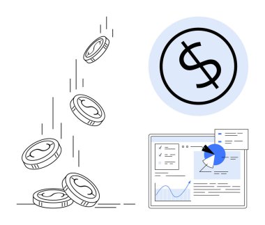 Düşen paralar para akışını temsil ediyor, dolar simgesi para birimini gösteriyor, veri paneli analitik ve performans eğilimlerini gösteriyor. Finans, yatırım, iş, teknoloji, başlangıç, tasarruf için ideal