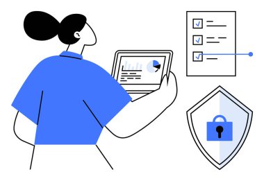 Bir tabletin istatistiksel verilerini inceleyen bir kadın, kontrol işaretleri ve güvenlik kalkanı olan bir listenin yanında. Üretkenlik, veri analizi, güvenlik, veri yönetimi, organizasyon ve proje için ideal