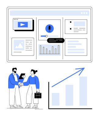 Çizelgeler, videolar ve analizlerle etkileşimli gösterge paneli. İki profesyonel, bir büyüme grafiğiyle işbirliği sinyali vererek el sıkışıyor. Takım çalışması, büyüme, teknoloji analiz iletişimi için ideal