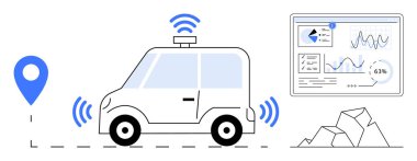 GPS takip cihazı, kablosuz sinyalleri ve izleme için veri analizi paneli olan otomatik çalışan bir araba. Teknoloji, yenilik, otomasyon, akıllı şehirler, ulaşım ve gelecekteki görüşler için idealdir. Düz