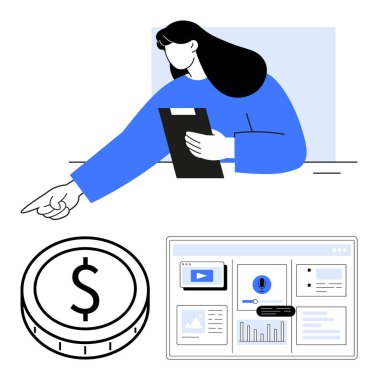 Pano gösteren bir kadın, geliri simgeleyen bir dolar para, veri içgörülerini gösteren analitik gösterge paneli. İş planlaması, gelir analizi, mali büyüme, strateji ve veri için ideal