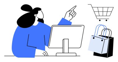 Mavi kazaklı kadın yukarı bakan bir masaüstü bilgisayarı kullanıyor. Alışveriş arabası ikonu ve alışveriş poşetleri çevrimiçi alışveriş ve perakende sektörünü gösteriyor. İnternet üzerinden e-ticaret, dijital pazarlama için ideal