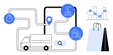 Teslimat kamyonu harita rotası, fabrika, ev ve analiz grafiği üzerinde. Kronometre ve alışveriş poşeti ikonları. Lojistik, tedarik zinciri yönetimi, e-ticaret, rota planlaması teslimatı için ideal