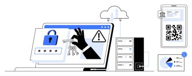 Kilit ekranın yanında el ele tutuşan anahtar, alarm simgesi, sunucular, bulut, QR kodu ve grafik. Güvenlik, veri gizliliği, teknoloji çevrimiçi güvenlik şifreleme kimlik doğrulaması için ideal basit bir metafor