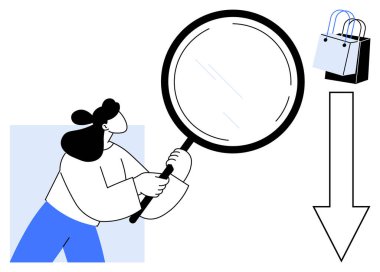 Elinde büyüteç tutan biri aşağıya doğru okla alışveriş torbalarını inceliyor. Tüketici eğilimleri, çevrimiçi alışveriş, pazar analizi, perakende satış, SEO, ekonomik krizler, e-ticaret için ideal. Soyut