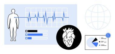İnsan figürü ve kalp atışı grafiği anatomik kalp, bar grafikleri, pasta grafiği ve dünya ile eşleştirildi. Sağlık izleme, tıbbi teknoloji, küresel veriler, araştırma, analitik yenilik dairesi için ideal