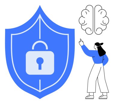 Beyin hatları ve kalkanlara kilitlenmeler güvenlik, farkındalık ve teknolojiyi vurguluyor. El kol hareketi, farkındalığın ve güvenliğin altını çizer. Teknoloji, eğitim, mahremiyet, akıl sağlığı, yapay zeka verileri için ideal