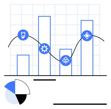 Mevsimsel simgeler, trend çizgisi ve zaman içinde karşılaştırma yapan pasta grafiği. Analiz, istatistik, hava durumu, iş raporları, tahminler ve eğitim için ideal. Düz basit