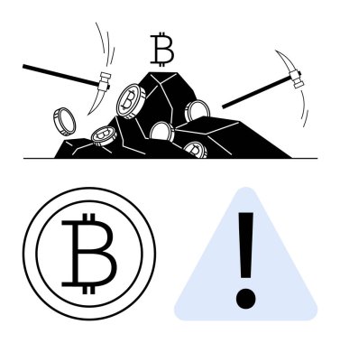 Kazmalar bir kazmadan Bitcoin sikkeleri çıkartıyor, aşağıdaki ünlem işaretli uyarı üçgeni. Konu başlıkları için ideal kripto para birimi, madencilik, dijital finans, risk, ihtiyat, ekonomi, yenilik