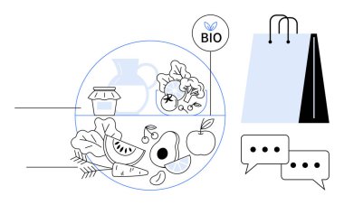 Taze ürün, biyolojik etiket, kavanoz, vazo, alışveriş torbası, sohbet baloncukları. Sürdürülebilirlik için ideal, organik piyasa beslenme eko-bilinç alışverişi sağlıklı yaşam iletişimi için. Düz basit metafor