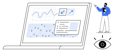Analitik gösterge panelini gösteren dizüstü bilgisayar grafikler, grafikler ve veri içgörüleri. Analiz sonuçlarını gösteren kişi. İş, teknoloji, eğitim, veri görselleştirme, çevrimiçi öğrenme için ideal